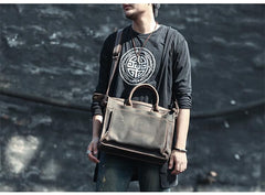 Vintage Black Mens Leather Briefcases Work Handbag Black 14'' Computer Briefcases For Men - imessengerbags