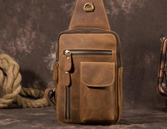 Retro Brown Leather Chest Bag Sling Bag Crossbody Sling Bag Hiking Sling Bag For Men - imessengerbags