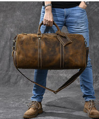 Retro Brown Leather Men's Business Overnight Bag Large Travel Bag Coffee Duffel Bag Weekender Bag For Men - imessengerbags