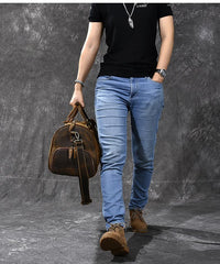Retro Brown Leather Men's Business Overnight Bag Large Travel Bag Coffee Duffel Bag Weekender Bag For Men - imessengerbags