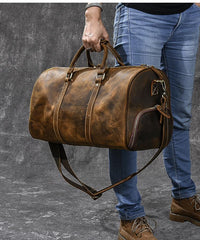 Retro Brown Leather Men's Business Overnight Bag Large Travel Bag Coffee Duffel Bag Weekender Bag For Men - imessengerbags