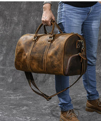 Retro Brown Leather Men's Business Overnight Bag Large Travel Bag Coffee Duffel Bag Weekender Bag For Men