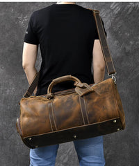 Retro Brown Leather Men's Business Overnight Bag Large Travel Bag Coffee Duffel Bag Weekender Bag For Men - imessengerbags