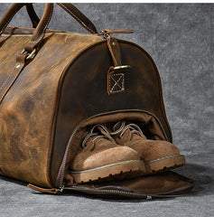 Retro Brown Leather Men's Business Overnight Bag Large Travel Bag Coffee Duffel Bag Weekender Bag For Men - imessengerbags