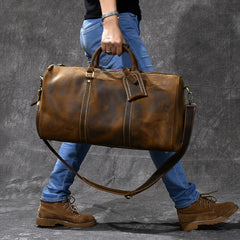 Retro Brown Leather Men's Business Overnight Bag Large Travel Bag Coffee Duffel Bag Weekender Bag For Men