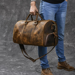 Retro Brown Leather Men's Business Overnight Bag Large Travel Bag Coffee Duffel Bag Weekender Bag For Men - imessengerbags