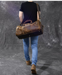 Retro Brown Leather Men's Business Overnight Bag Large Travel Bag Coffee Duffel Bag Weekender Bag For Men - imessengerbags