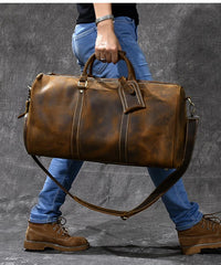 Retro Brown Leather Men's Business Overnight Bag Large Travel Bag Coffee Duffel Bag Weekender Bag For Men - imessengerbags