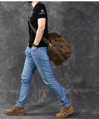 Retro Brown Leather Men's Business Overnight Bag Large Travel Bag Coffee Duffel Bag Weekender Bag For Men