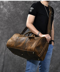 Retro Brown Leather Men's Business Overnight Bag Large Travel Bag Coffee Duffel Bag Weekender Bag For Men - imessengerbags