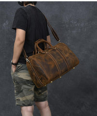 Retro Brown Leather Men's Business Overnight Bag Large Travel Bag Duffel Bag Weekender Bag For Men