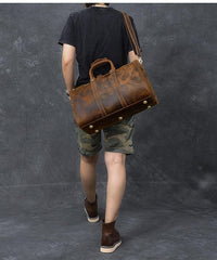 Retro Brown Leather Men's Business Overnight Bag Large Travel Bag Duffel Bag Weekender Bag For Men