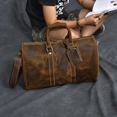 Retro Brown Leather Men's Business Overnight Bag Large Travel Bag Duffel Bag Weekender Bag For Men