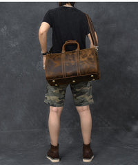 Retro Brown Leather Men's Business Overnight Bag Large Travel Bag Duffel Bag Weekender Bag For Men - imessengerbags