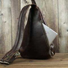 Brown Leather Men's Sling Bag Chest Bag Vintage One shoulder Backpack For Men