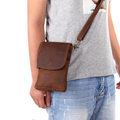 Cool Brown Leather Mens Mini Shoulder Bag Belt Pouch Belt Bags For Men