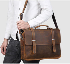 Vintage Brown Leather Men's Professional Briefcase Handbag 14‘’ Laptop Briefcase For Men - imessengerbags