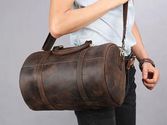 Dark Brown Leather Mens Barrel Overnight Bag Duffle Bag Travel Bag Weekender Bag for Men