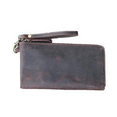 Vintage Dark Brown Leather Mens Phone Wallet Clutch Bag Wristlet Bag Zipper Long Wallet For Men