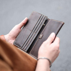 Cool Dark Brown Leather Mens Trifold Long Wallet Multi-cards Long Wallet For Men
