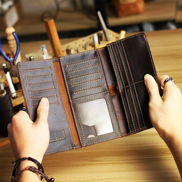 Cool Dark Brown Leather Mens Trifold Long Wallet Multi-cards Long Wallet For Men - imessengerbags