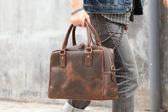 Cool Dark Brown Mens Leather Briefcase 14'' Work Handbag Ancient Brown Large Computer Briefcase For Men - imessengerbags