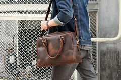 Cool Dark Brown Mens Leather Briefcase 14'' Work Handbag Ancient Brown Large Computer Briefcase For Men - imessengerbags