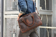 Cool Dark Brown Mens Leather Briefcase 14'' Work Handbag Ancient Brown Large Computer Briefcase For Men - imessengerbags