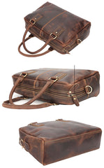Cool Dark Brown Mens Leather Briefcase 14'' Work Handbag Ancient Brown Large Computer Briefcase For Men - imessengerbags