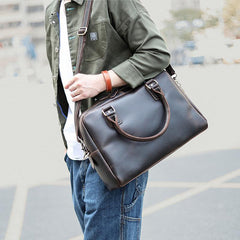 Cool Dark Brown Mens Leather Briefcase 14'' Work Handbag Ancient Brown Large Computer Briefcase For Men - imessengerbags