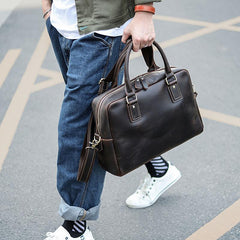 Cool Dark Brown Mens Leather Briefcase 14'' Work Handbag Ancient Brown Large Computer Briefcase For Men - imessengerbags