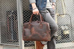 Cool Dark Brown Mens Leather Briefcase 14'' Work Handbag Ancient Brown Large Computer Briefcase For Men - imessengerbags