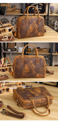 Cool Dark Brown Mens Leather Briefcase 14'' Work Handbag Ancient Brown Large Computer Briefcase For Men - imessengerbags