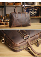 Cool Dark Brown Mens Leather Briefcase 14'' Work Handbag Ancient Brown Large Computer Briefcase For Men