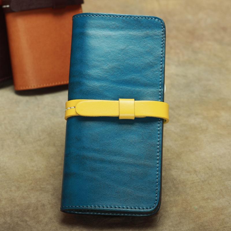 Vintage Leather Men's Bifold Long Wallet Black Brown Blue Long Wallet For Men