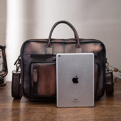 Vintage Brown Leather Men's Briefcase 14'' Computer Briefcase Professional Handbag For Men - imessengerbags