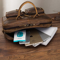 Vintage Brown Leather Men's Briefcase 14'' Computer Briefcase Professional Handbag For Men - imessengerbags