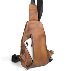 Handmade Brown Leather Mens Sling Bag One Shoulder Backpack Chest Bag for men