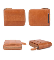 Fashion RFID Black Leather Men's Zipper Small Wallet Brown Zipper billfold Wallet For Men - imessengerbags
