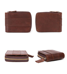 Fashion RFID Black Leather Men's Zipper Small Wallet Brown Zipper billfold Wallet For Men - imessengerbags