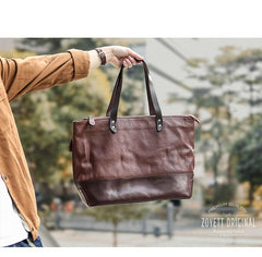 Fashion Coffee Leather Men Womens 14 inches Black Tote Bag Shoulder Tote Bag For Men - imessengerbags
