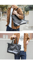 Fashion Coffee Leather Men Womens 14 inches Black Tote Bag Shoulder Tote Bag For Men - imessengerbags