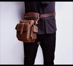 Cool Brown Leather Men's Drop Leg Bag Small Side Bag Belt Pouch Waist Bag For Men