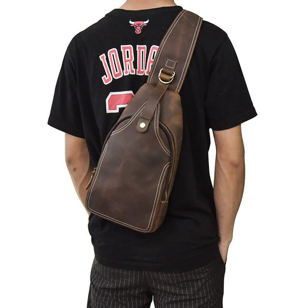 Vintage Mens Leather One Shoulder Backpack Chest Bag Sling Bag Sling Crossbody Bag For Men