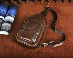 Fashion Black Leather Men's Sling Bag Chest Bag Brown One Shoulder Backpack For Men - imessengerbags