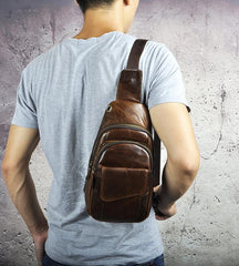 Fashion Black Leather Men's Sling Bag Chest Bag Brown One Shoulder Backpack For Men