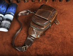 Fashion Black Leather Men's Sling Bag Chest Bag Brown One Shoulder Backpack For Men - imessengerbags