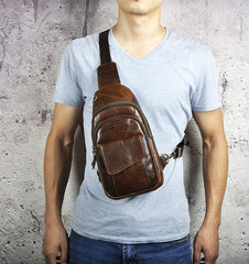 Fashion Black Leather Men's Sling Bag Chest Bag Brown One Shoulder Backpack For Men