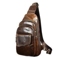 Fashion Black Leather Men's Sling Bag Chest Bag Brown One Shoulder Backpack For Men