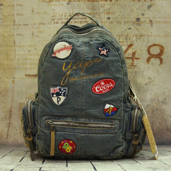 Vintage Blue Denim Womens Backpack School Backpack With Stickers Vintage Denim Backpack For Women